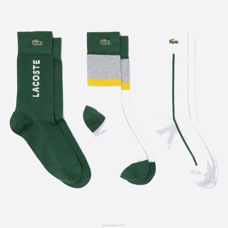 homens Lacoste lombo cinza amarelo verde lly pacote de três meias de algodão com nervuras de corte alto 08D01686