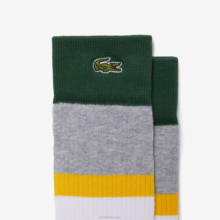 homens Lacoste lombo cinza amarelo verde lly pacote de três meias de algodão com nervuras de corte alto 08D01686