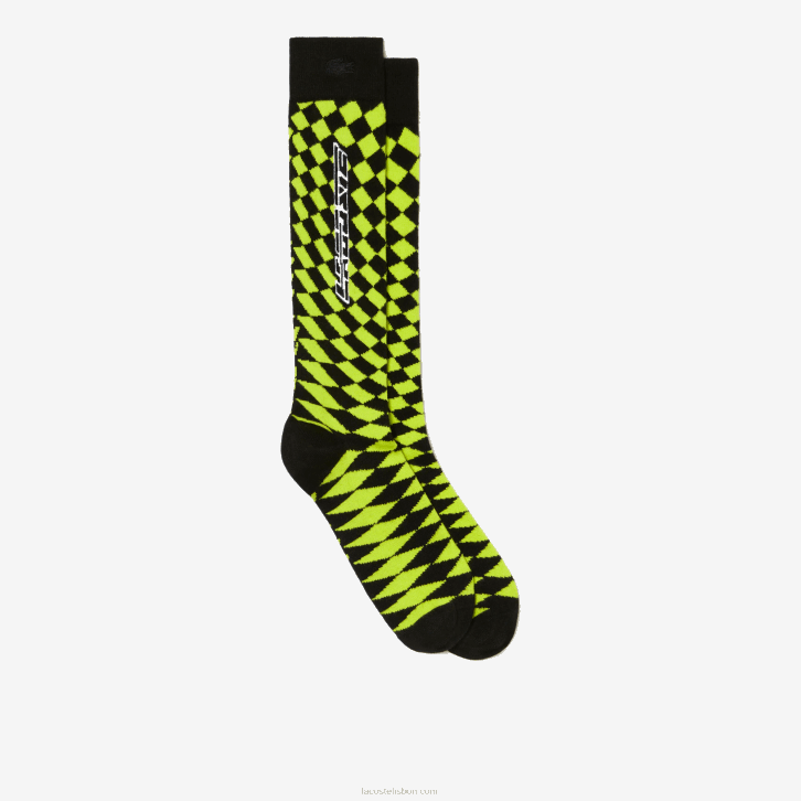 homens Lacoste preto amarelo 9y2 meias de compressão xadrez 08D0526