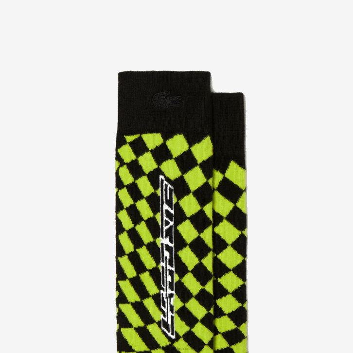 homens Lacoste preto amarelo 9y2 meias de compressão xadrez 08D0526