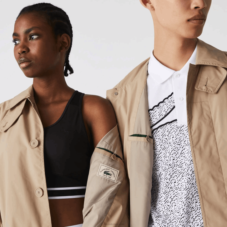 homens Lacoste bege c5u parka longa leve e abotoada resistente à água 08D01286