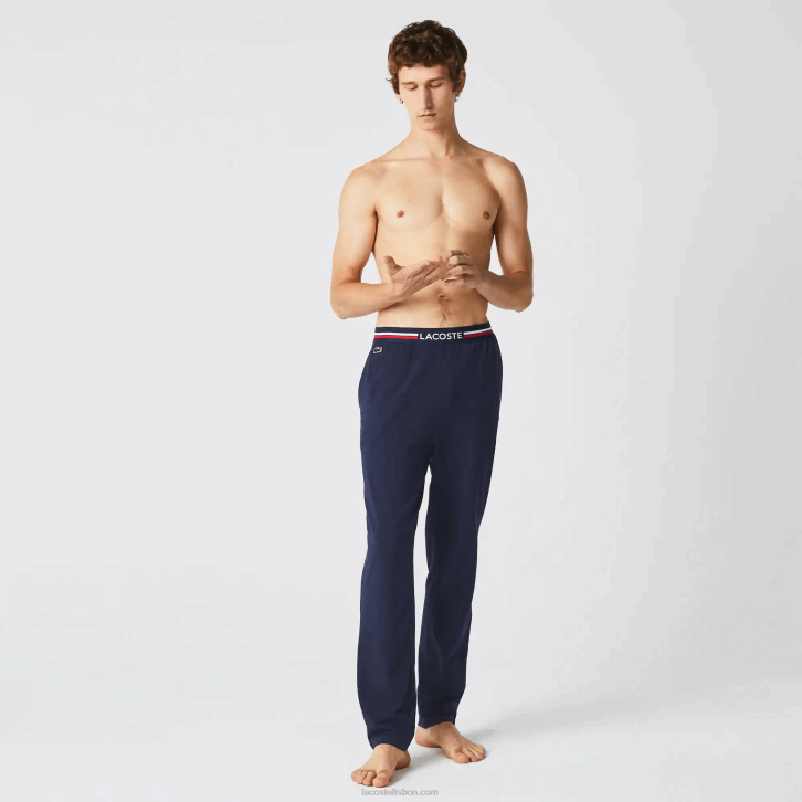 homens Lacoste azul marinho 166 calça de pijama de jérsei com cós tricolor 08D01402
