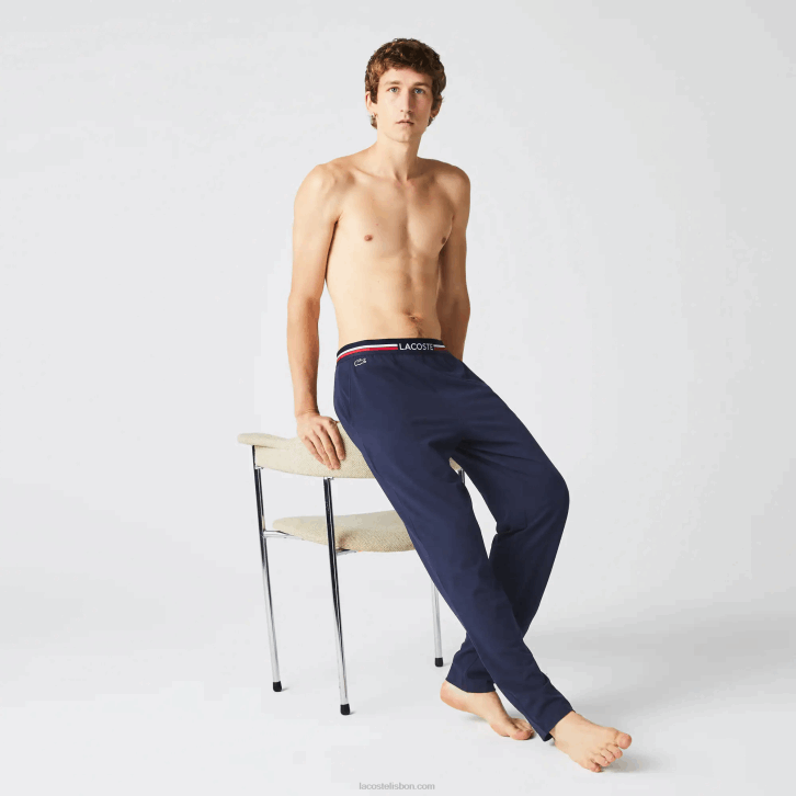 homens Lacoste azul marinho 166 calça de pijama de jérsei com cós tricolor 08D01402