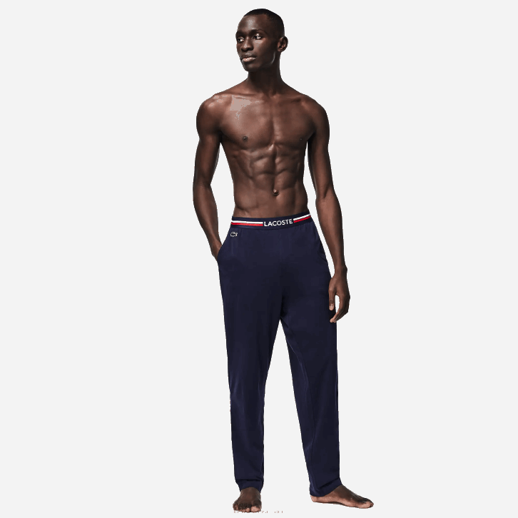 homens Lacoste azul marinho 166 calça de pijama de jérsei com cós tricolor 08D01402