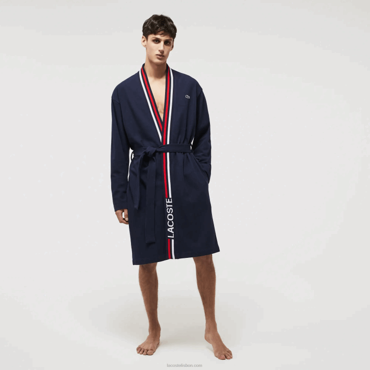 homens Lacoste azul marinho 166 roupão piquê de algodão com faixa tricolor 08D01571