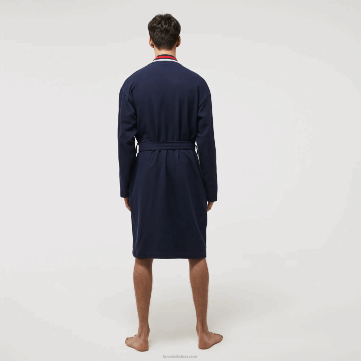 homens Lacoste azul marinho 166 roupão piquê de algodão com faixa tricolor 08D01571
