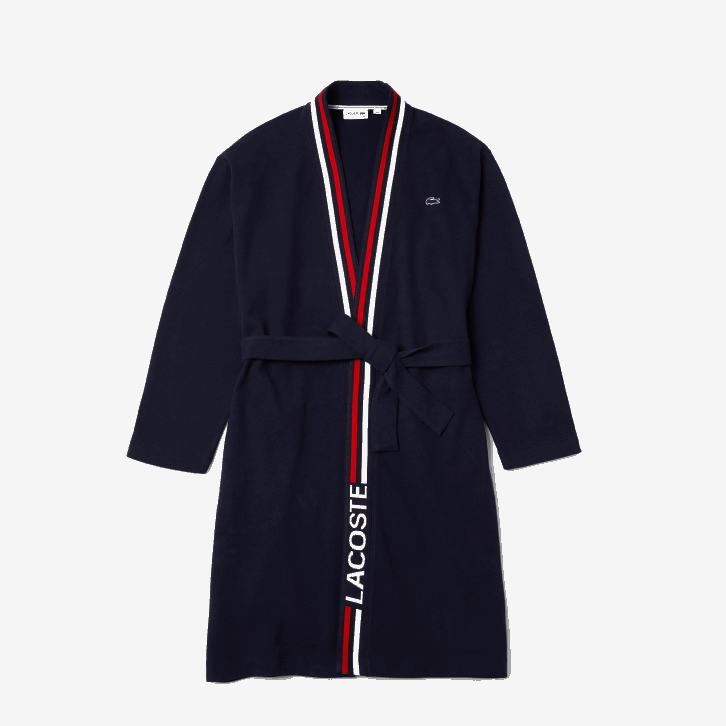 homens Lacoste azul marinho 166 roupão piquê de algodão com faixa tricolor 08D01571
