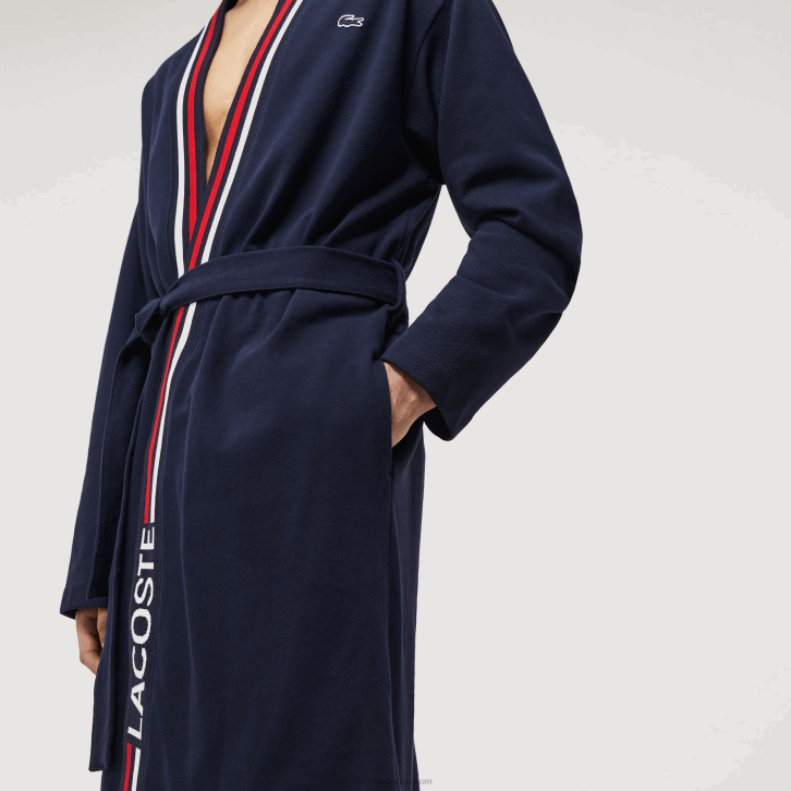 homens Lacoste azul marinho 166 roupão piquê de algodão com faixa tricolor 08D01571