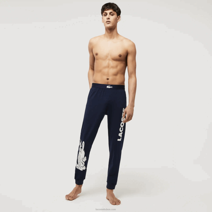 homens Lacoste azul marinho branco 525 calça de pijama de algodão com estampa de crocodilo 08D01456