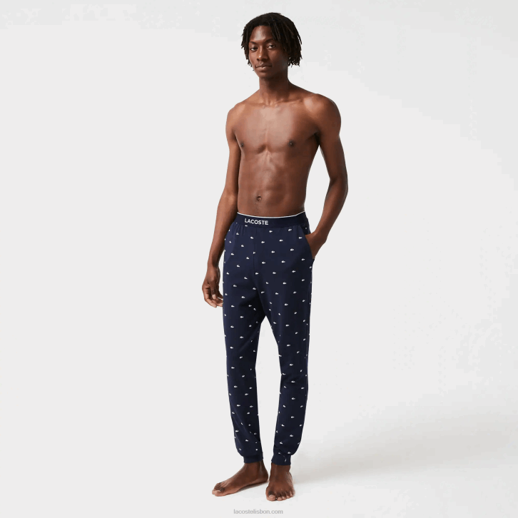 homens Lacoste azul marinho branco 525 calças de pijama de jérsei impressas 08D01385