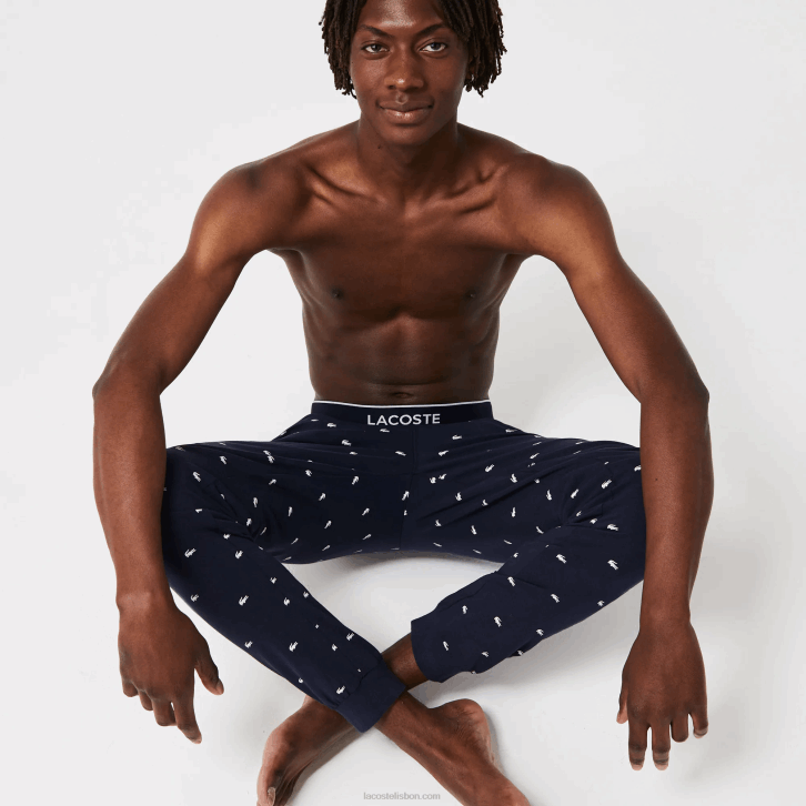 homens Lacoste azul marinho branco 525 calças de pijama de jérsei impressas 08D01385