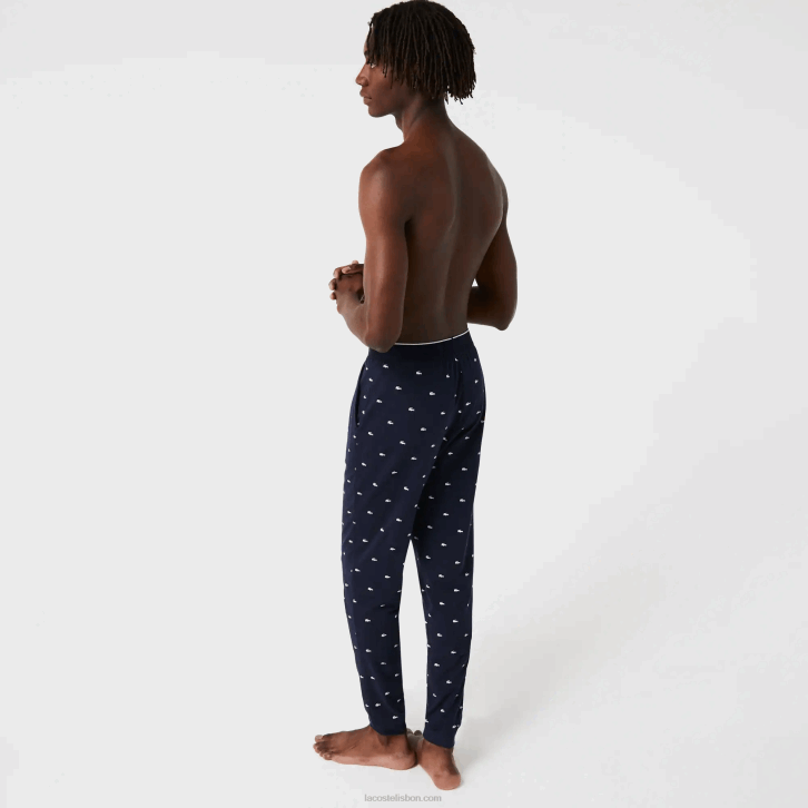 homens Lacoste azul marinho branco 525 calças de pijama de jérsei impressas 08D01385