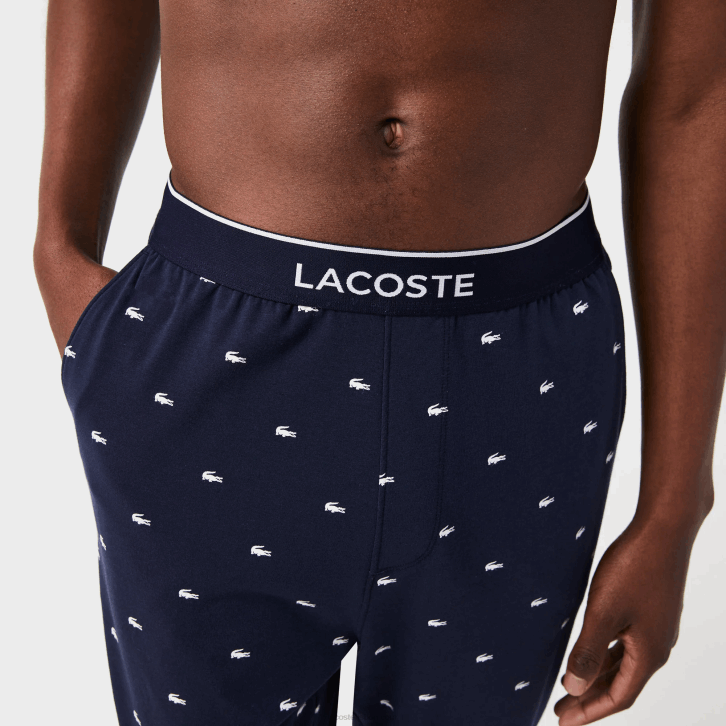 homens Lacoste azul marinho branco 525 calças de pijama de jérsei impressas 08D01385