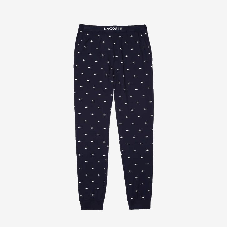 homens Lacoste azul marinho branco 525 calças de pijama de jérsei impressas 08D01385
