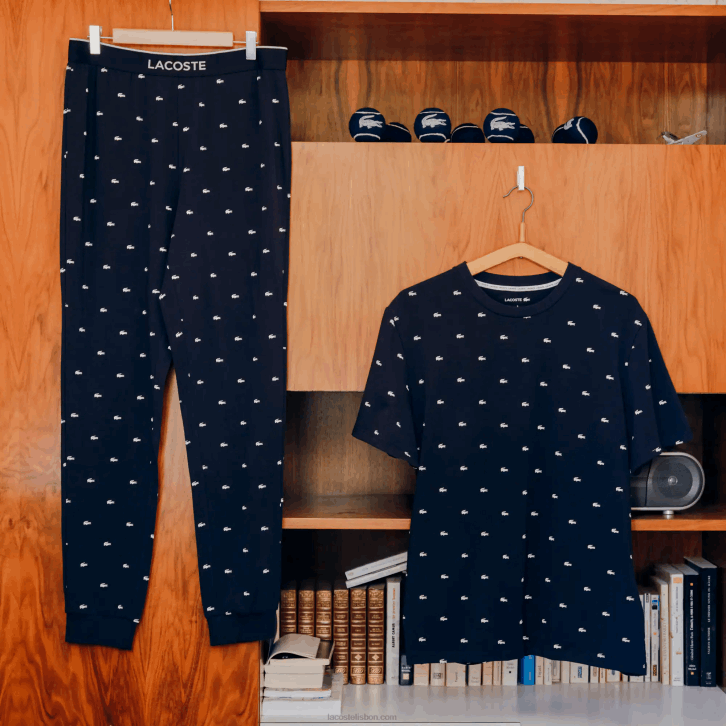 homens Lacoste azul marinho branco 525 calças de pijama de jérsei impressas 08D01385