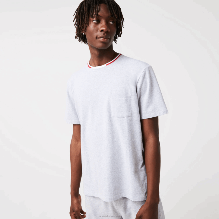 homens Lacoste chine cinza cca t-shirt de pijama de gola redonda tricolor de manga curta 08D01472