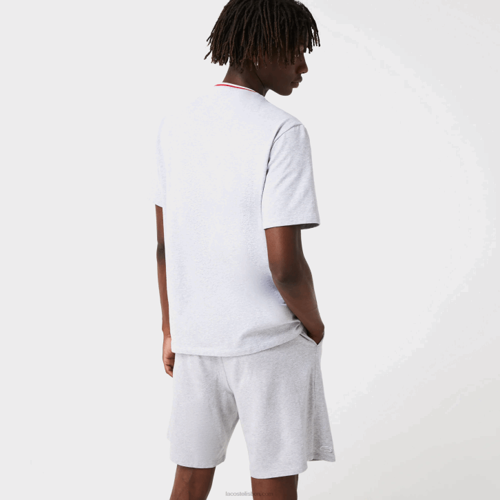 homens Lacoste chine cinza cca t-shirt de pijama de gola redonda tricolor de manga curta 08D01472