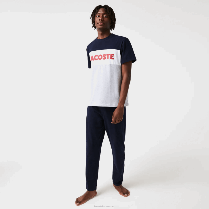 homens Lacoste cinza chine marinho branco vermelho 4ty conjunto de pijama longo de algodão elástico colorblock 08D01510