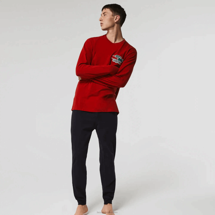 homens Lacoste vermelho azul marinho rx1 conjunto de pijama de algodão elástico longo 08D01639