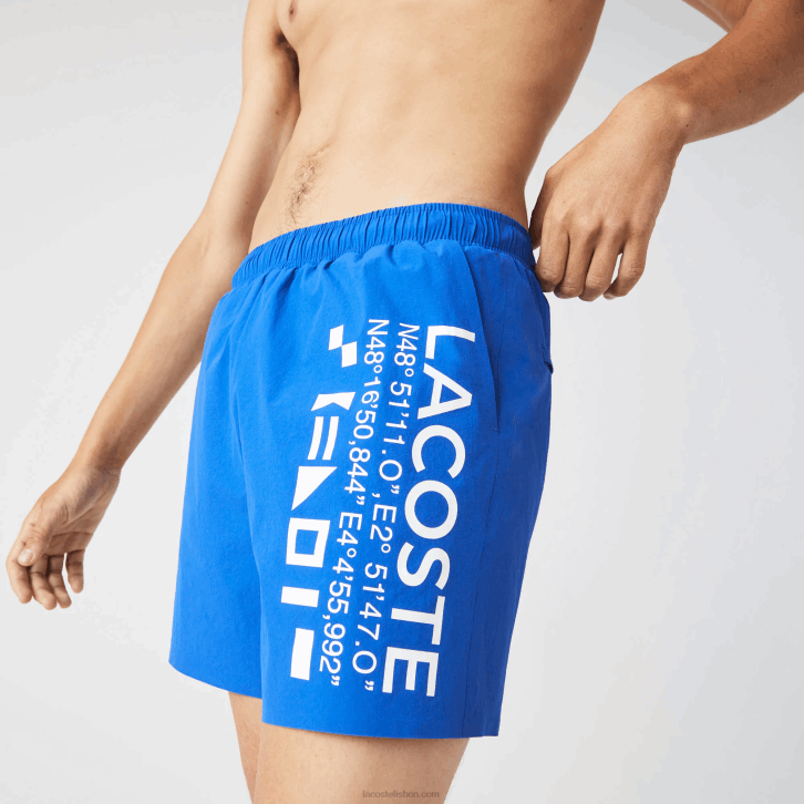 homens Lacoste azul branco 7lc shorts de natação com estampa náutica 08D01661