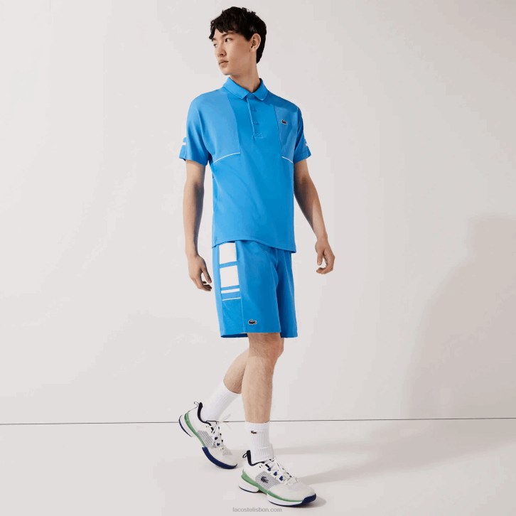 homens Lacoste azul branco 8px shorts de faixas laterais estampadas esportivas 08D01595