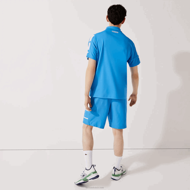 homens Lacoste azul branco 8px shorts de faixas laterais estampadas esportivas 08D01595