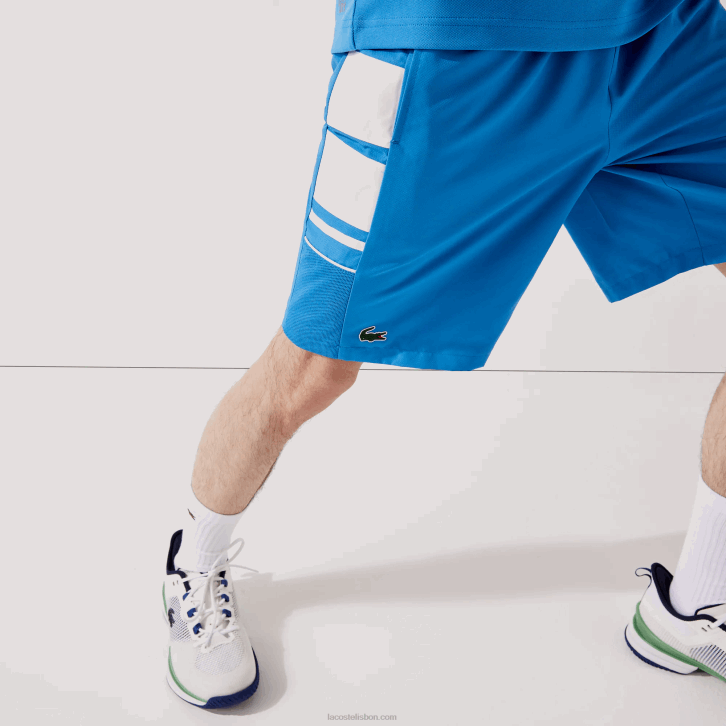 homens Lacoste azul branco 8px shorts de faixas laterais estampadas esportivas 08D01595