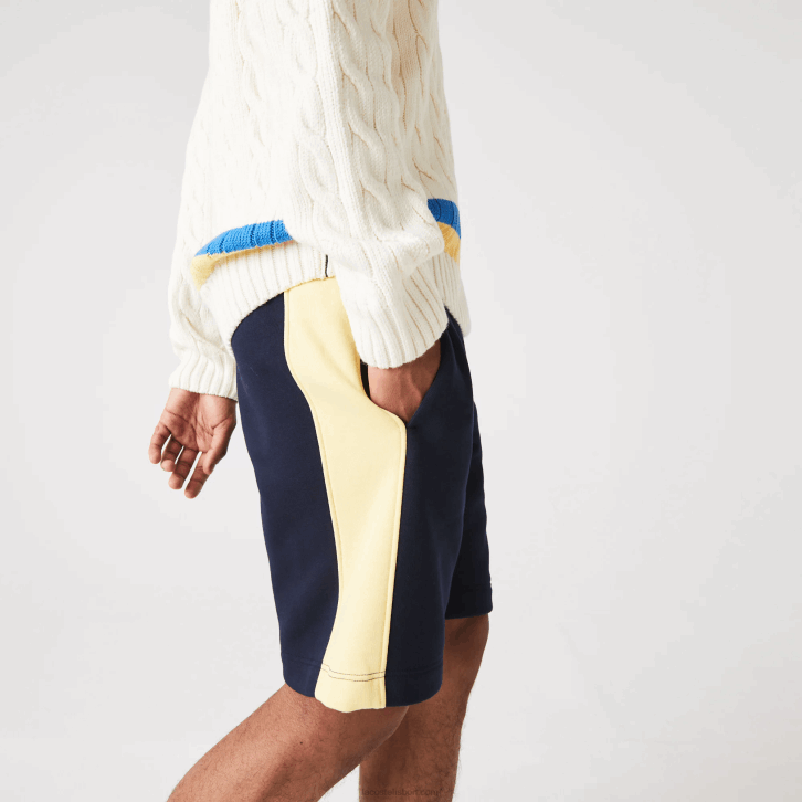 homens Lacoste azul marinho amarelo 144 shorts de lã escovado color block 08D01516