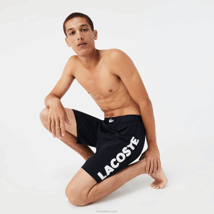 homens Lacoste azul marinho branco 525 shorts internos de algodão elástico com estampa de crocodilo e marca 08D01454