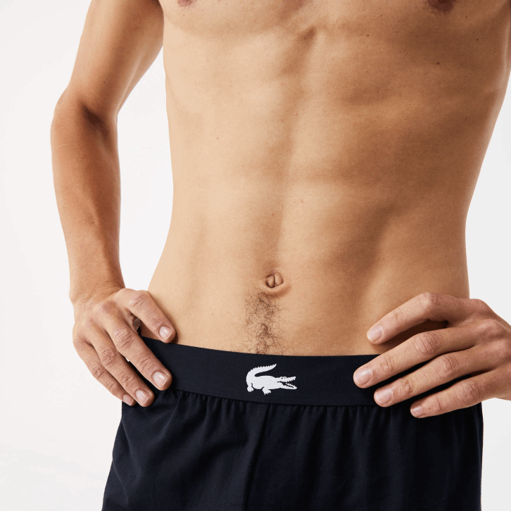 homens Lacoste azul marinho branco 525 shorts internos de algodão elástico com estampa de crocodilo e marca 08D01454