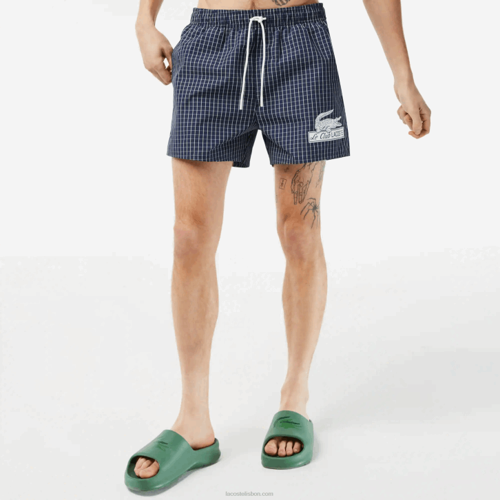 homens Lacoste azul marinho branco xch sunga xadrez de poliéster reciclado 08D0532