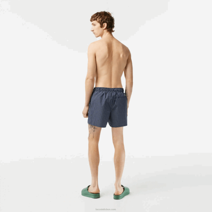 homens Lacoste azul marinho branco xch sunga xadrez de poliéster reciclado 08D0532