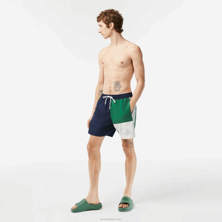 homens Lacoste azul marinho verde branco ast sunga de poliéster reciclado colorblock 08D0520