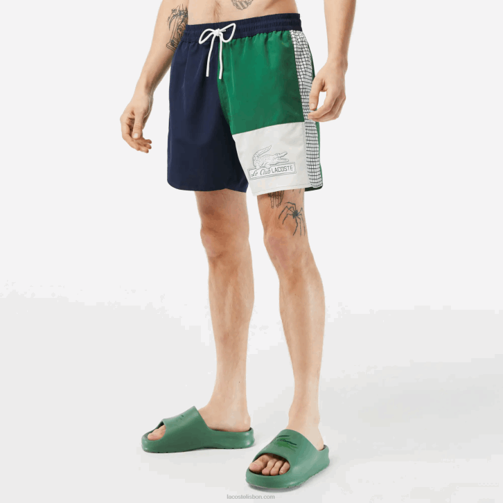 homens Lacoste azul marinho verde branco ast sunga de poliéster reciclado colorblock 08D0520