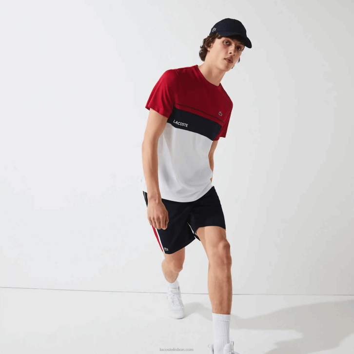 homens Lacoste azul marinho vermelho branco mwp shorts leves com painéis colorblock esportivos 08D01367