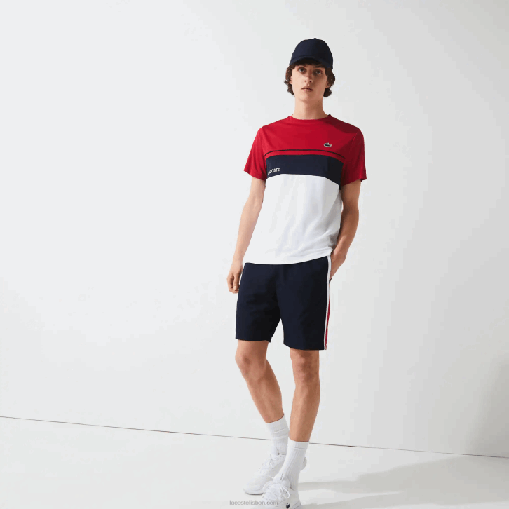 homens Lacoste azul marinho vermelho branco mwp shorts leves com painéis colorblock esportivos 08D01367