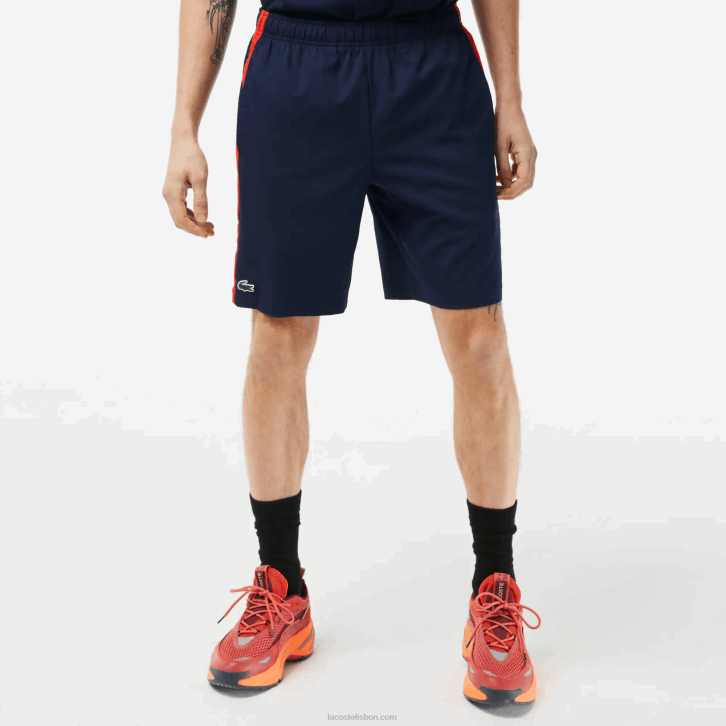 homens Lacoste azul marinho vermelho laranja xii shorts de tênis de poliéster reciclado 08D0426