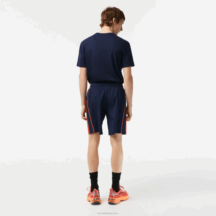 homens Lacoste azul marinho vermelho laranja xii shorts de tênis de poliéster reciclado 08D0426