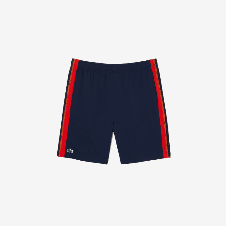 homens Lacoste azul marinho vermelho laranja xii shorts de tênis de poliéster reciclado 08D0426