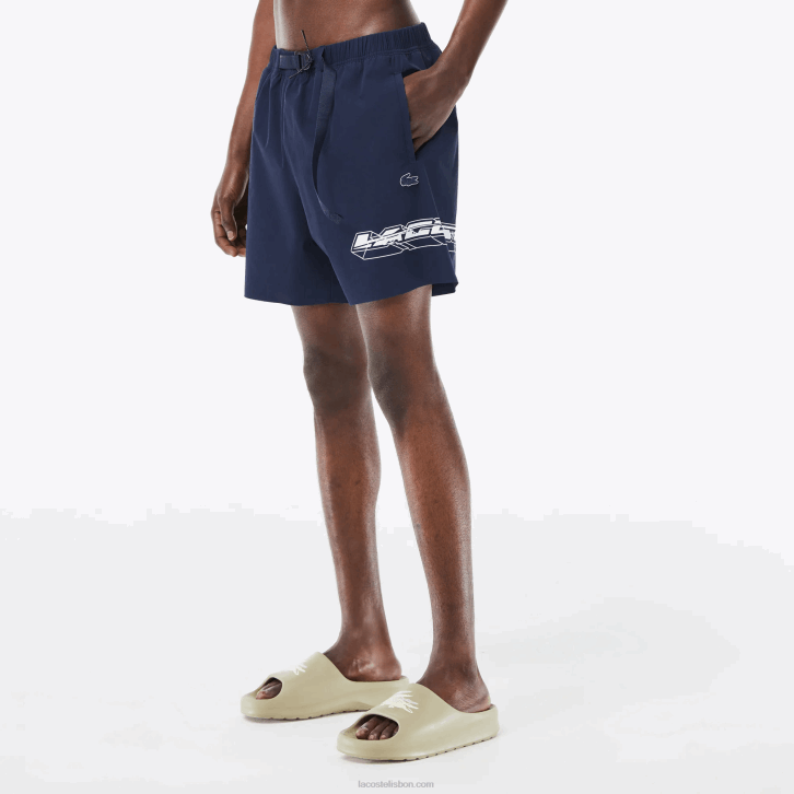 homens Lacoste kxe azul calção de banho listrado com logotipo de secagem rápida 08D0528