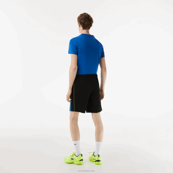 homens Lacoste preto azul amarelo xis shorts de tênis de poliéster reciclado 08D0425