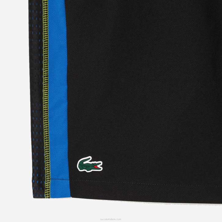 homens Lacoste preto azul amarelo xis shorts de tênis de poliéster reciclado 08D0425