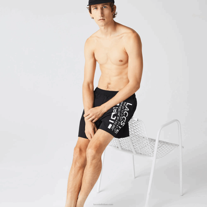 homens Lacoste preto branco 9m0 shorts de natação com estampa náutica 08D01662