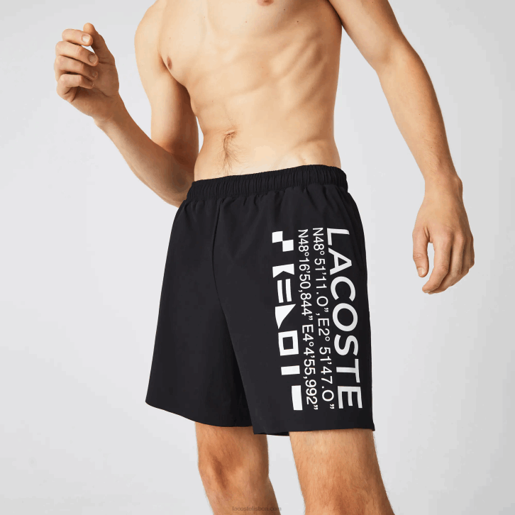 homens Lacoste preto branco 9m0 shorts de natação com estampa náutica 08D01662