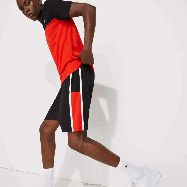 homens Lacoste preto vermelho branco g54 shorts leves com painéis colorblock esportivos 08D01365