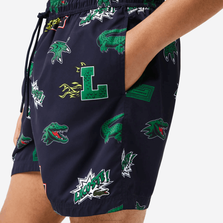 homens Lacoste qrn branco azul marinho calções de banho forrados em malha 08D01670