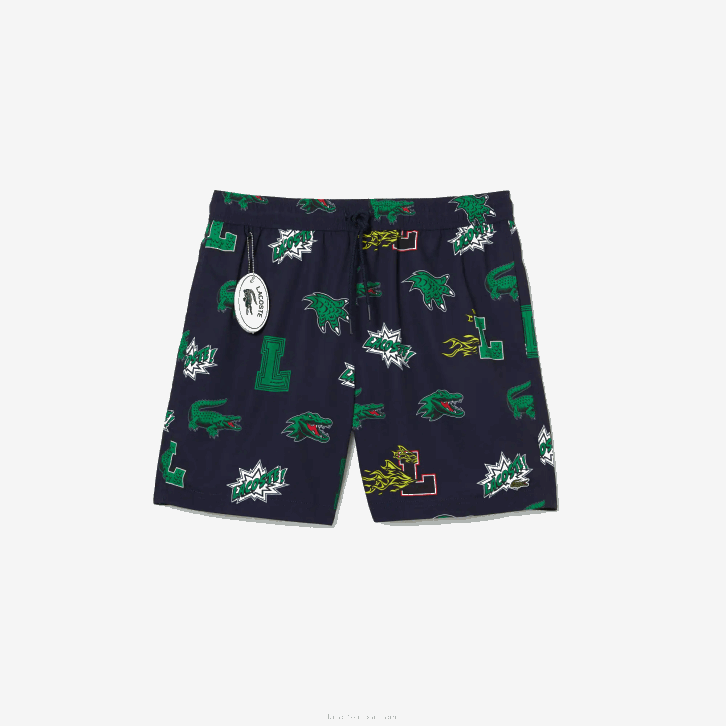 homens Lacoste qrn branco azul marinho calções de banho forrados em malha 08D01670