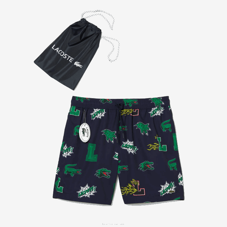 homens Lacoste qrn branco azul marinho calções de banho forrados em malha 08D01670