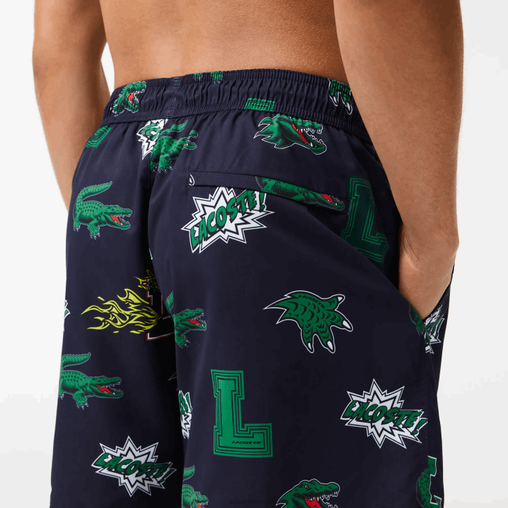 homens Lacoste qrn branco azul marinho calções de banho forrados em malha 08D01670