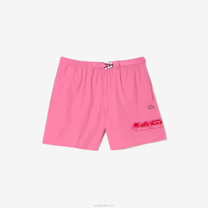 homens Lacoste rosa 2r3 calção de banho listrado com logotipo de secagem rápida 08D0527